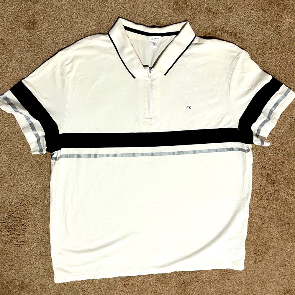 White Calvin Klein Polo Shirt With Black and Silver Stripe Size XXL/TTG